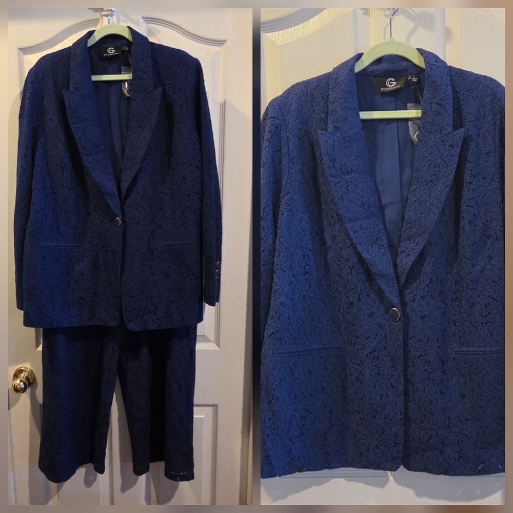 Blue Lace Blazer Pants Suit Set G By Giuliana Jacket Pants Formal Designer 1X